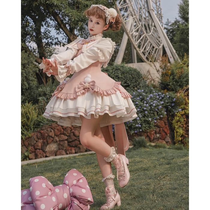 lolita ワンピース 姫 蝶結び鈴 ゴスロリ 女の子 ガールズ フリル ペプラムスカート レース 姫袖 森ガール お姫様 長袖 ロリータ風 女装 可愛い 大きいリボン 茶話会 仮装 クリスマス