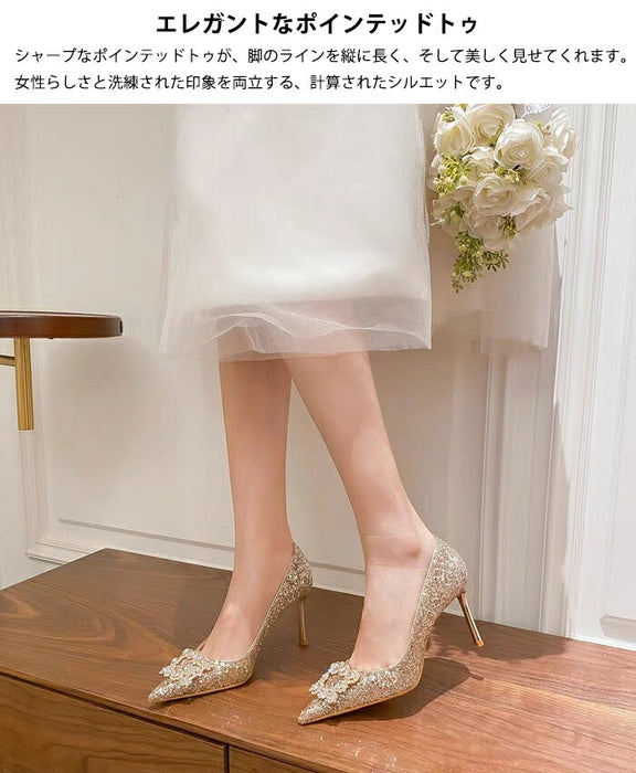 【7日内出荷】【6cm~8cmヒール】ウェディングシューズ パンプス 結婚式 痛くない ハイヒール ピンヒール ビジュー バックル キラキラ グリッター ポインテッドトゥ パーティー 二次会 披露宴 花嫁 ブライダルシューズ お呼ばれ レディース 美脚 脚長 ゴールド