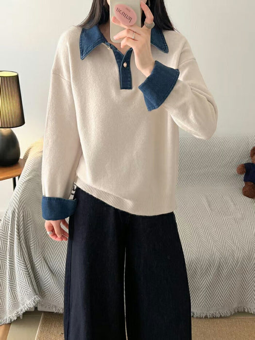 【7日内出荷】ニット セーター レディース レイヤード風 重ね着風 デニム襟 ポロ襟 バイカラー トップス プルオーバー 長袖 韓国 きれいめ カジュアル 大人可愛い ゆったり 体型カバー あったか 防寒 おしゃれ 秋冬 通勤 通学 オフィス デート お出かけ
