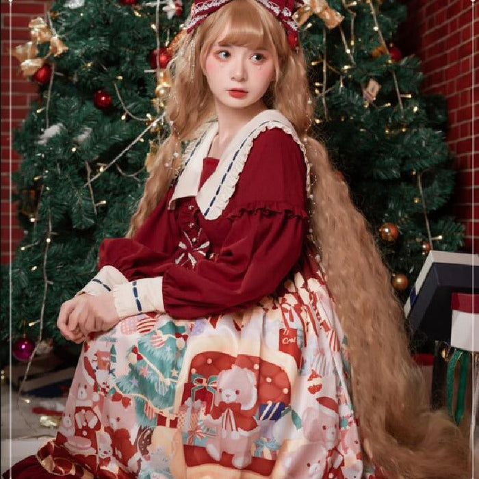 ロリータ ワンピース ゴスロリ ロリータ ドレス 長袖 レディース 女子 可愛い ロリィタ ワンピース クリスマス コスプレ衣装 コスチューム 仮装 リボン lolita 衣装 ゴシック&ロリータ お姫様 ドレス マリン風 ミモレ丈 裾フリル ワインレッド S M L XL