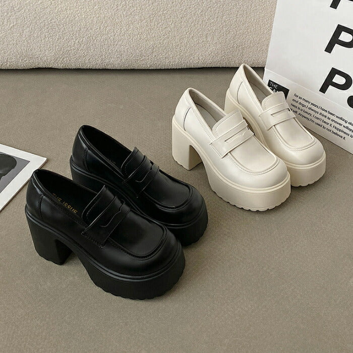 【7日内出荷】【9cmヒール】ローファー レディース スクールローファー 厚底 コインローファー 9cmヒール スクエアトゥ パンプス チャンキーヒール ボリューム プラットフォーム 革靴 歩きやすい オケージョン 脚長 中学 高校 学生 コスプレ 通学 黒 白 オールシーズン
