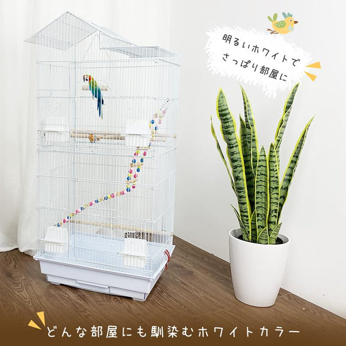 RAKU バードケージ 鳥カゴ 鳥小屋 複数飼い 止まり木 おもちゃ ブランク エサ入れ４個 ハンドル付き ホワイト白 省スペース お手入れかんたん
