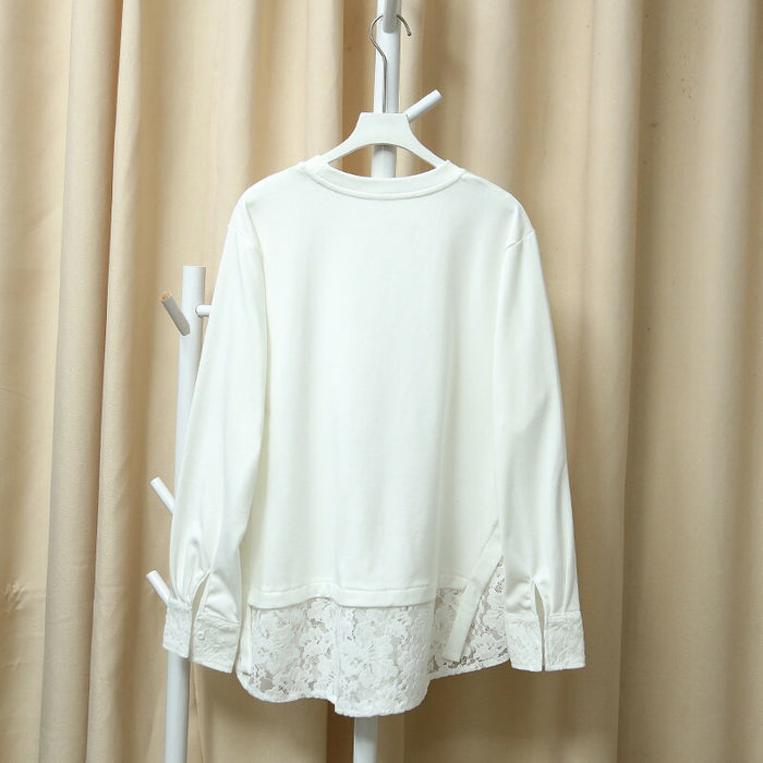 【7日内出荷】レイヤード ロンT レース 袖 裾 レースインナー トップス レディース レース レイヤードトップス 長袖 Tシャツ カットソー インナー チュニック 無地 透け 肌着 重ね着 きれいめ 大きいサイズ 体型カバー お尻が隠れる 厚手 白 黒 秋 冬