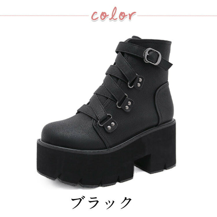 【7日内出荷】【8cmヒール 】ショートブーツ レディース 厚底 秋ブーツ 黒 日常 通勤 レースアップブーツ 靴 編み上げブーツ おしゃれ 痛くない 履きやすい 柔らかい カジュアル ゆったり ラウンドトゥ 太ヒール きれいめ 人気 クール 春夏秋冬 ダンスシューズ  韓国 仕事 合皮 原宿系 細見え