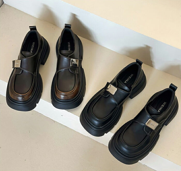 【7日内出荷】【5cmヒール 】厚底ローファー レディース パンプス PU 合皮 ストラップスクール ローファー ベルクロ 面ファスナー メタルプレート Uチップ チャンキーソール ボリュームソール 歩きやすい 身長アップ 美脚 学生 通学 通勤 制服コーデ 黒 茶色