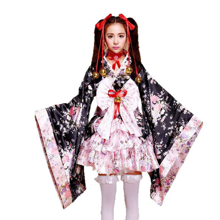 【6点セット】和風メイド服 ミニ丈 メイド喫茶 メイドコスチューム ジャパニーズメイド lolita ミニスカ ハロウィン 衣装 仮装 パーティ コスプレ フルセット 可愛い 萌え
