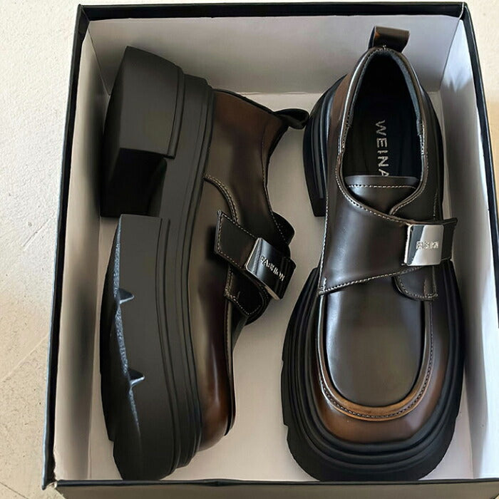 【7日内出荷】【5cmヒール 】厚底ローファー レディース パンプス PU 合皮 ストラップスクール ローファー ベルクロ 面ファスナー メタルプレート Uチップ チャンキーソール ボリュームソール 歩きやすい 身長アップ 美脚 学生 通学 通勤 制服コーデ 黒 茶色