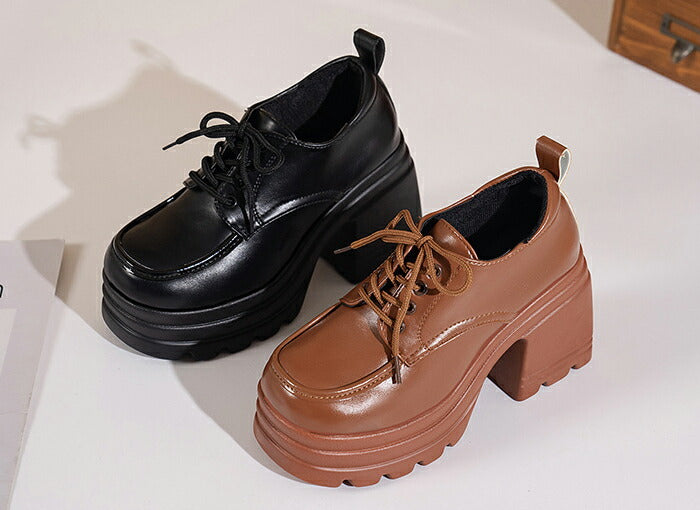 【7日内出荷】【10cmヒール】厚底オックスフォード シューズ レディース レースアップ  ハイヒール 超厚底 チャンキーヒール ボリュームソール プラットフォーム レースアップ 革靴 歩きやすい 疲れにくい 脚長 韓国 地雷系 学生 通勤 黒 茶色 オールシーズン