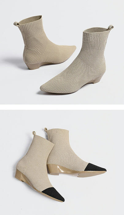 【7日内出荷】【3.5cmヒール】ソックスブーツ レディース ニット ショートブーツ 痛くない 歩きやすい ストレッチブーツ ポインテッドトゥ ローヒール ウェッジソール 3.5cm 美脚 疲れない 軽量 柔らかい フィット感 オフィス 通勤 きれいめ バイカラー 秋冬 春