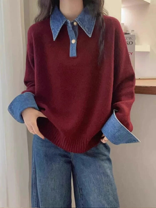 【7日内出荷】ニット セーター レディース レイヤード風 重ね着風 デニム襟 ポロ襟 バイカラー トップス プルオーバー 長袖 韓国 きれいめ カジュアル 大人可愛い ゆったり 体型カバー あったか 防寒 おしゃれ 秋冬 通勤 通学 オフィス デート お出かけ