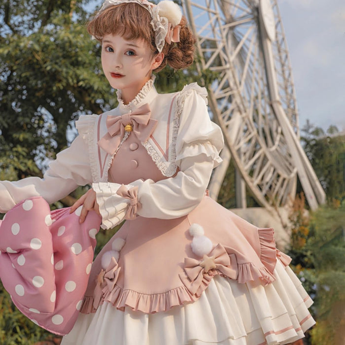 lolita ワンピース 姫 蝶結び鈴 ゴスロリ 女の子 ガールズ フリル ペプラムスカート レース 姫袖 森ガール お姫様 長袖 ロリータ風 女装 可愛い 大きいリボン 茶話会 仮装 クリスマス