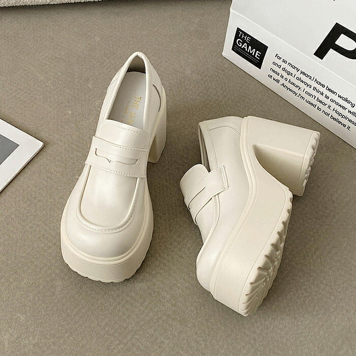 【7日内出荷】【9cmヒール】ローファー レディース スクールローファー 厚底 コインローファー 9cmヒール スクエアトゥ パンプス チャンキーヒール ボリューム プラットフォーム 革靴 歩きやすい オケージョン 脚長 中学 高校 学生 コスプレ 通学 黒 白 オールシーズン