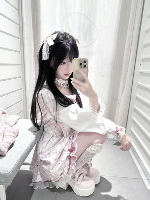 【7日内出荷】【S-2L】セーラーカラー 量産型 ワンピース クマ柄 長袖 レディース レース リボン ショート丈 ミニ 蝶結び ギャル ドレス ハイウエスト Aライン アニマル柄 かわいい 可愛い 病みかわいい ロリータ 学生 お姫様 プリンセス お出かけ 通勤 春 秋 ピンク ホワイト S M L XL