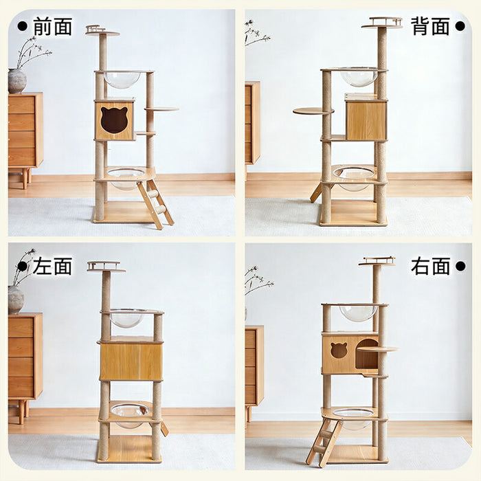 RAKU キャットタワー 木製 大型 据え置き 大型猫 中型猫 シニア猫 高さ約152cm 多頭飼い 宇宙船 見晴台 爪とぎ ホワイトコットン支柱 展望台 猫ハウス コーナー適用 四角型土台 安定 コットン紐 天然麻 運動不足解消