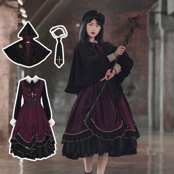 【7日内出荷】3点セット ロリータワンピース 長袖 洋服 コスプレ ゴスロリ 魔法使い かわいい姫 ガールズ Lolita ロリータ服 ゴシック リボン ファション お嬢様 キュート ドレス イベント パーティー 衣装 撮影