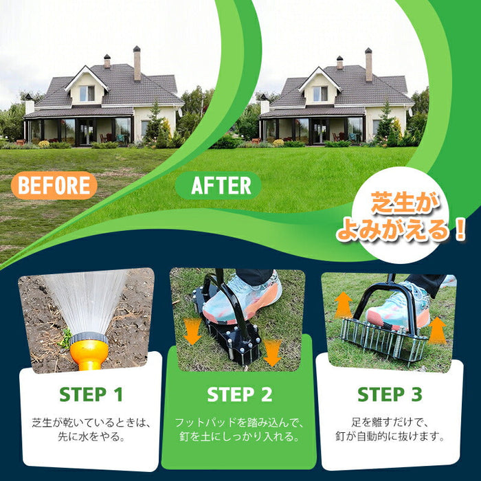 RAKU 芝生スパイク 芝生のエアレーションスパイク 17本金属製スパイク付き 穴あけ 土、庭、芝生の通気 土壌改良 芝生 復活 育成 促進 エアレーション機器 ガーデニング  お庭 庭園 園芸用 エアレーション作業 ガーデンスパイク