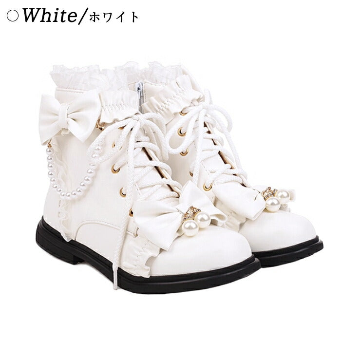 【2cmヒール】ロリータ ブーツ レディース ショートブーツ 編み上げブーツ ローヒール 甘ロリ お姫様 森ガール ロリィタ靴 レース リボン パール 歩きやすい 疲れない サイドジップ おしゃれ かわいい お茶会 コスプレ 発表会 黒 ピンク 白 秋冬
