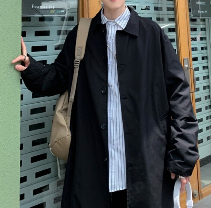 【S-3XL】ステンカラーコート メンズ  コート スプリングコート オーバーサイズ ビッグシルエット ゆったり 薄手 ライトアウター ロングコート ビジネス カジュアル 通勤 通学 シンプル 無地 韓国 おしゃれ 春 秋 服 黒 ベージュ 大きいサイズ