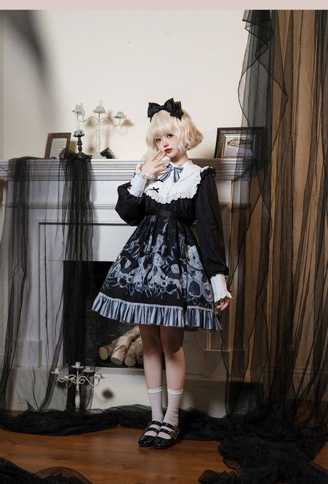 【7日内出荷】ワンピース ロリータ ハロウィン テディベア柄 ショート丈 ミニ レディース 長袖 ゴスロリ ゴシック 秋冬 暗黒風 リボン レー フリル ロリータワンピース コスチューム コスプレ 衣装 可愛い 仮装 パーティー イベント 文化祭 ブラック 黒 S M L