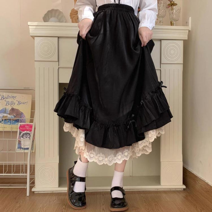 【7日内出荷】【S～2XL】スカート ふんわり ロリータ風 ガーリー ロング丈 ロングワンピース レディース スカート 森ガール スカート フェミニン ロリータ かわいい レース 黒 白 可愛い プレゼント ギフト ボトムス 大きいサイズ 体型カバー ゆったり ウエストゴム