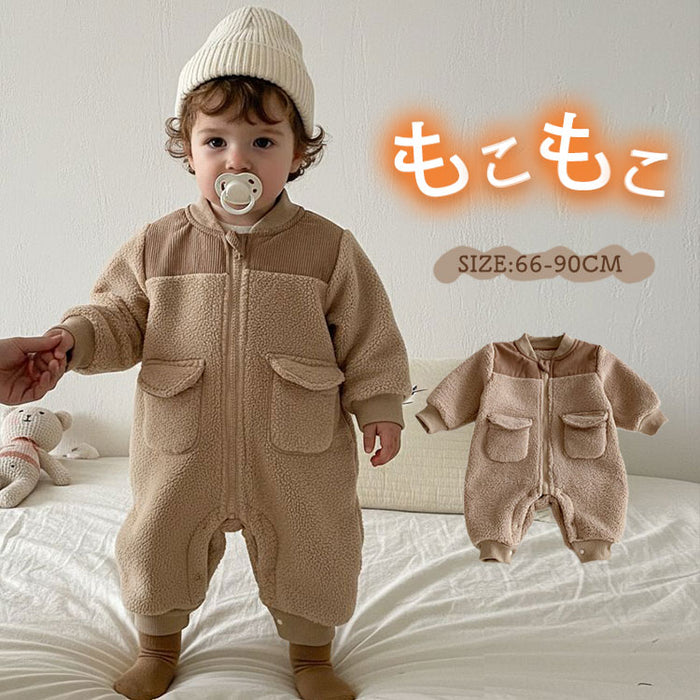 【7日内出荷】ベビー ボア カバーオール コート アウター ジャンプスーツ ジャケット かわいい 裏起毛 中綿 男の子 女の子 ロンパース 新生児 可愛い あったかい 子供服 防寒着 普段着 秋冬 出産祝い ギフト 前開き 着替え便利 外出服