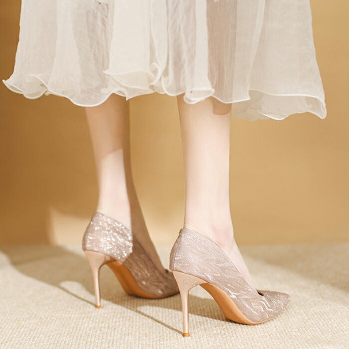 【7日内出荷】【5cm~9cmヒール】結婚式 パンプス 歩きやすい 疲れない キラキラ ラメ グリッター ポインテッドトゥ ピンヒール  ミドルヒール ハイヒール レディース パーティー お呼ばれ 二次会 ウェディング 花嫁 美脚 脚長 上品 シルバー ピンクゴールド
