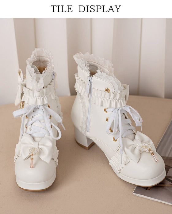 【5cm ヒール】厚底ブーツ ロリータ ブーツ レディース ショートブーツ 編み上げブーツ 甘ロリ お姫様 森ガール ロリィタ靴 レース リボン パール 5cm 太ヒール 歩きやすい 痛くない サイドジップ おしゃれ かわいい お茶会 コスプレ 黒 ピンク 白 秋冬