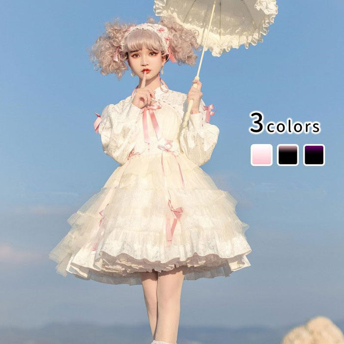 【7日内出荷】ロリータワンピース ワンピース ロリータドレス 長袖 全3色 lolita 甘ロリ リボン 上品 エレガント おしゃれ 原宿 ガーリー 可愛い 春秋冬