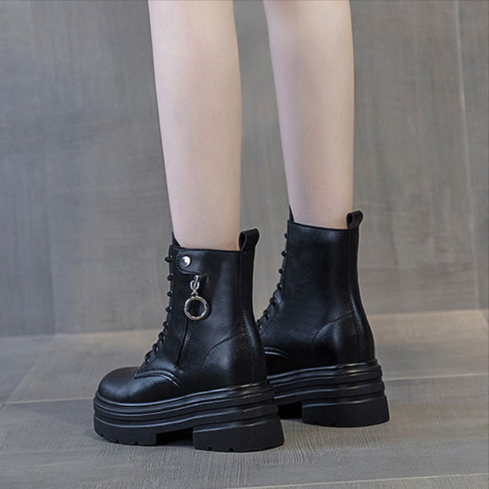 【7日内出荷】ショートブーツ 厚底 ブーツ レディース サイドジップ レースアップブーツ 秋ブーツ 太ヒール 靴 日常 通勤 美脚 カジュアル おしゃれ 痛くない 履きやすい 柔らかい 編み上げブーツ ラウンドトゥ きれいめ シンプル 大人気 春夏秋冬 韓国 仕事 PU 合皮 細見え 黒 ベージュ