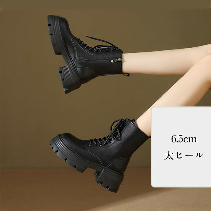 【7日内出荷】【6.5cmヒール】レディース ショートブーツ 厚底  太ヒール ブーツ くつ 靴 スエード PU レザーシューズ 安定感 美脚 黒 ブラウン 裏起毛 春 秋 冬 サイドゴム レースアップ おしゃれ 韓国 歩きやすい 疲れない 滑りにくい 大きいサイズ 22cm～25cm 中学生 高校生 通学 通勤