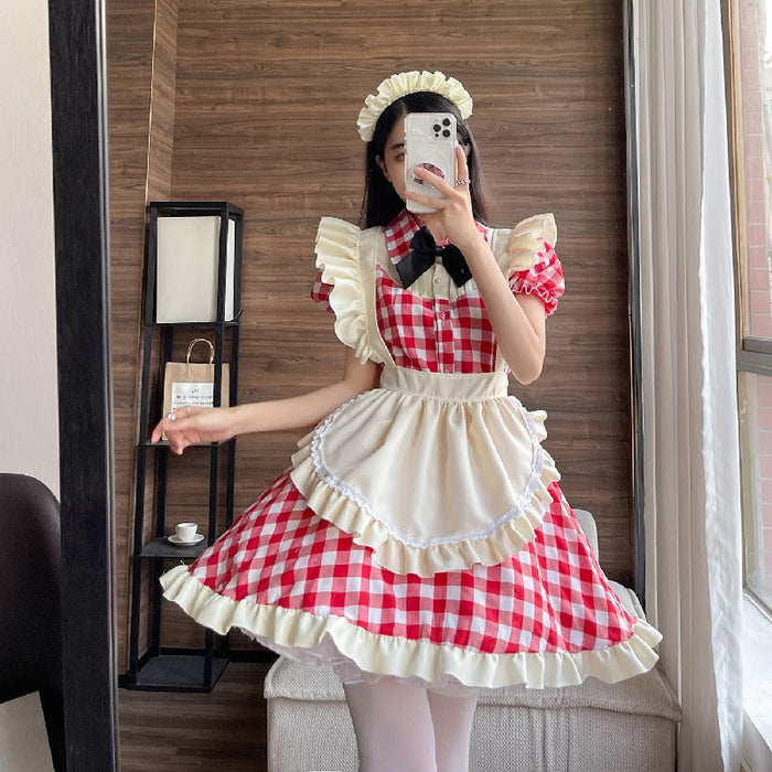 【7日内出荷】4点セット　チェックメイド服 ミニ丈 メイド喫茶 メイドコスチューム ジャパニーズメイド ミニスカ ハロウィン 衣装 仮装 パーティ コスプレ フルセット 可愛い 萌え