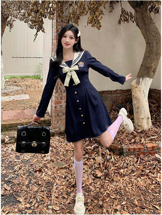 【7日内出荷】【L-4XL】長袖 ワンピース 制服 JK服 女子高生 スクールウェア 学園祭 文化祭 ラージサイズ  Aライン レディース 春 秋制服 学院風 ロリータ 可愛い ネイビー コスプレ ハロウィン