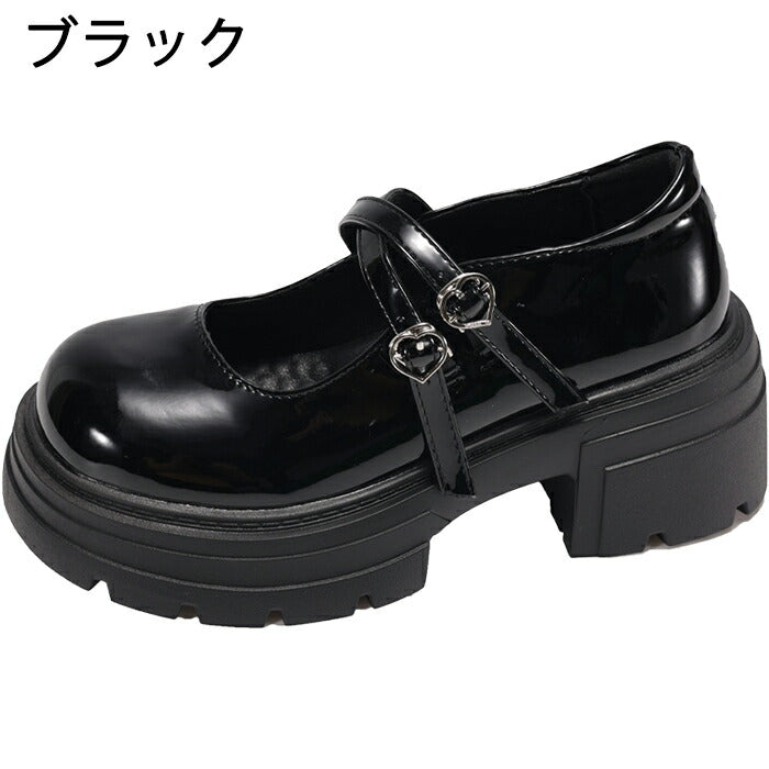【7日内出荷】【7cmヒール】厚底 メリージェーン レディース 厚底パンプス  ヒールパンプス ダブルストラップ ハートバックル エナメル チャンキーソール ボリュームソール 歩きやすい 疲れにくい 韓国 かわいい 学生 通学 ライブ 黒 オフホワイト 秋冬