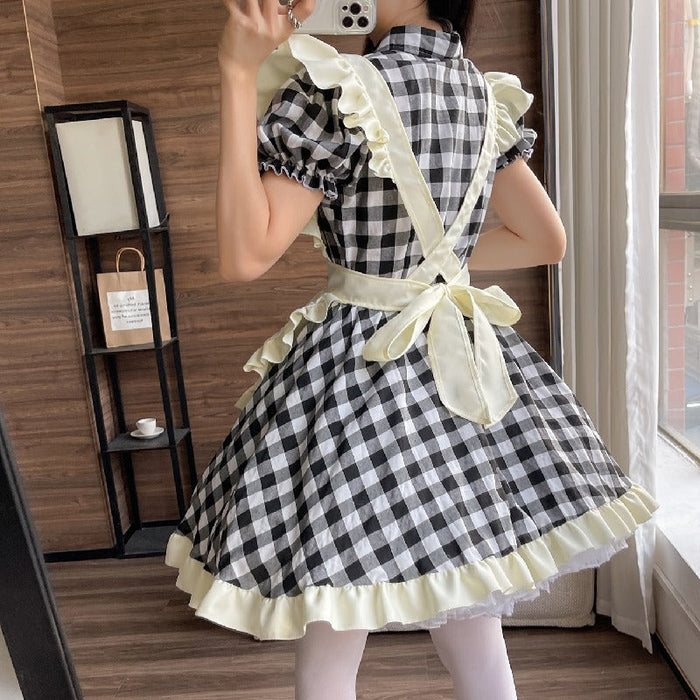 【7日内出荷】4点セット　チェックメイド服 ミニ丈 メイド喫茶 メイドコスチューム ジャパニーズメイド ミニスカ ハロウィン 衣装 仮装 パーティ コスプレ フルセット 可愛い 萌え