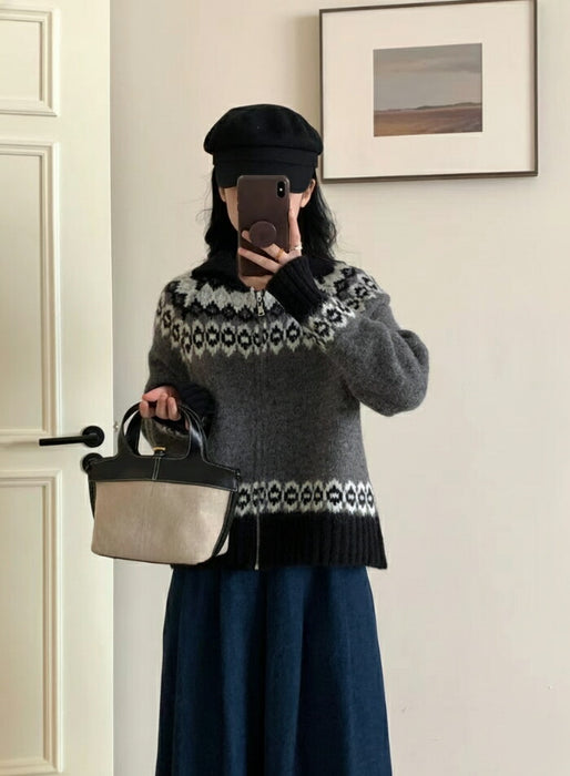 【7日内出荷】カーディガン ニット レディース フェアアイル ノルディック ジップアップ アウター トップス ブルゾン ショート丈 長袖 襟付き 韓国 きれいめ カジュアル 大人可愛い ゆったり あったか 防寒 おしゃれ 秋冬 クリスマス デート服 通勤 通学