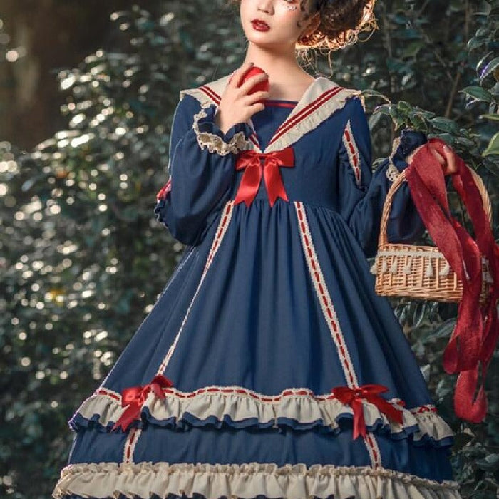 【7日内出荷】ロリータ ドレス ゴスロリ＆ロリータ服 長袖 ワンピース 膝丈 ミモレ丈 ロング ロリィタ服 マリン風 お姫様 ドレス 裾フリル レース リボン 可愛い ハイウエスト 学園祭 イベント コスプレ衣装 コスチュームレディース 大人 春秋冬 S M L XLワインレッド ネイビー