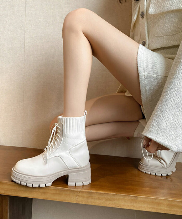 【9CMヒール】ブーツ レディース ショートブーツ レースアップブーツ ソックスブーツ 編み上げブーツ ニット 厚底 9CMヒール インヒール 2CM 秋ブーツ 歩きやすい 柔らかい チャンキーヒール 防寒 通勤 通学 学生 カジュアル 小さいサイズ 秋冬 黒 白