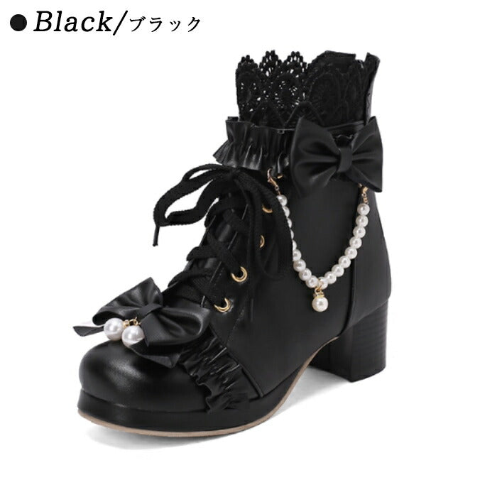 【5cmヒール】ロリータ ブーツ レディース ショートブーツ 甘ロリ お姫様 森ガール ロリィタ靴 レース リボン パール  チャンキーヒール 歩きやすい 疲れない 痛くない サイドジップ おしゃれ かわいい お茶会 コスプレ 発表会 黒 ピンク 白 秋冬