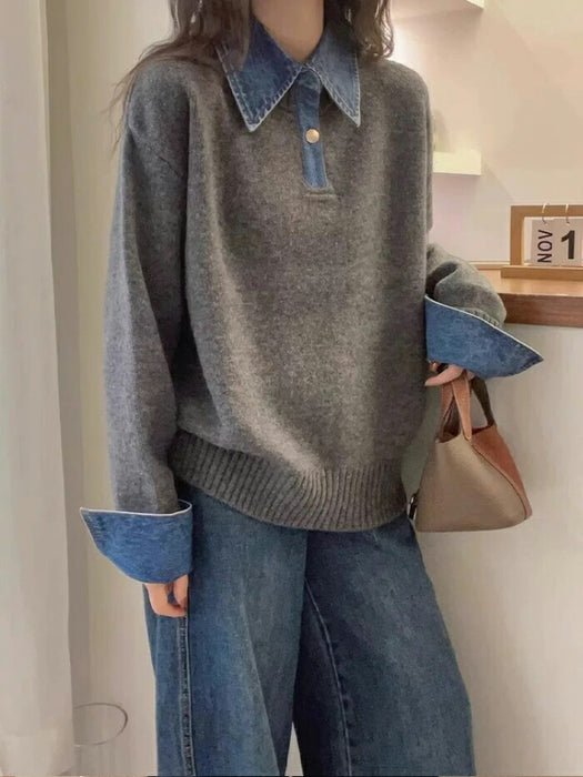 【7日内出荷】ニット セーター レディース レイヤード風 重ね着風 デニム襟 ポロ襟 バイカラー トップス プルオーバー 長袖 韓国 きれいめ カジュアル 大人可愛い ゆったり 体型カバー あったか 防寒 おしゃれ 秋冬 通勤 通学 オフィス デート お出かけ