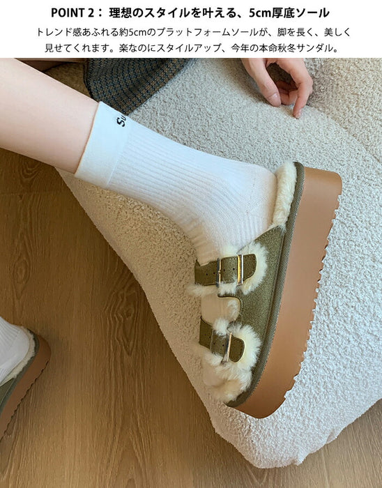 【7日内出荷】【5cmヒール】サンダル 厚底 ファーサンダル レディース もこもこ 5cmヒール 歩きやすい つっかけ ダブルベルト 防寒 暖かい 痛くない 疲れにくい 美脚効果 身長アップ きれいめ 外履き 冬用サンダル 秋冬 おしゃれ ルームシューズ ブラウン グリーン