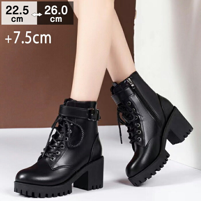 【7.5CMヒール】ブーツ レディース ショートブーツ レースアップブーツ 編み上げブーツ サイドジップ ベルト 厚底 秋ブーツ 歩きやすい 痛くない 太ヒール チャンキーヒール 防寒 通勤 通学 学生 カジュアル 大きいサイズ 秋冬 黒 ブラック
