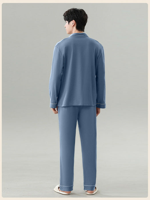 【7日内出荷】【2点セット】 ペア パジャマ レディース メンズ カップル ペアルック ルームウェア 上下セット 杏色 青色 綿100% コットン 長袖 寝巻き 部屋着 男性 女性 大人 おしゃれ ゆったり 春秋 春夏 秋冬 外出用 入院 上品 前開き 折り襟 ポケット付き 長ズボン ゴムウエスト