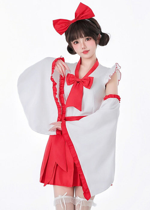 【7日内出荷】【5点セット】赤スカート 巫女 リボン コスプレ 衣装 巫女コスプレ 和服 着物 花魁 メイド服 ハロウィン衣装 ハロウィンコスプレ ハロウィン仮装 仮装 衣装 セクシー レディース 大人 女性用 こすぷれ コス 振袖 白 赤 可愛い