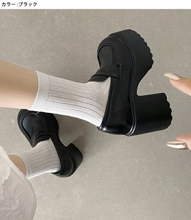 【7日内出荷】【9cmヒール】ローファー レディース スクールローファー 厚底 コインローファー 9cmヒール スクエアトゥ パンプス チャンキーヒール ボリューム プラットフォーム 革靴 歩きやすい オケージョン 脚長 中学 高校 学生 コスプレ 通学 黒 白 オールシーズン