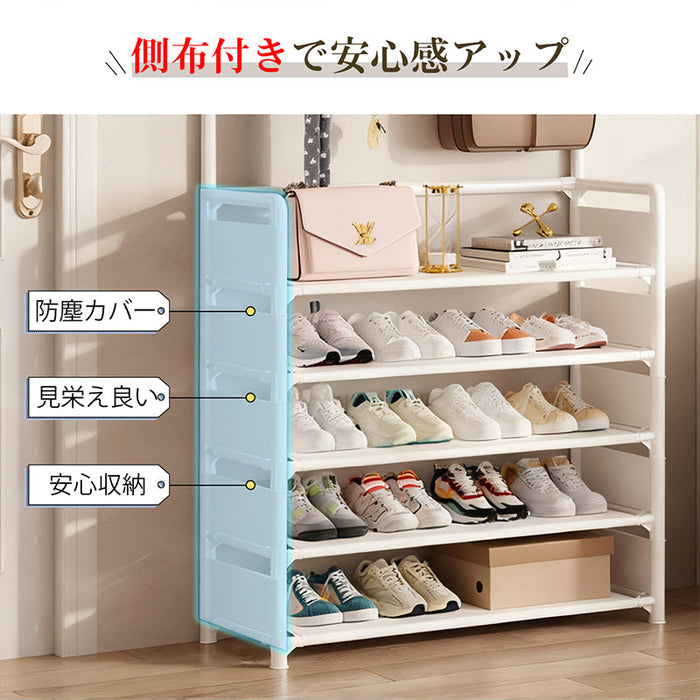 RAKU シューズラック スリム 玄関収納 省スペース 5段 靴棚 収納ラック フック付き 大容量 帽子 服掛け 多機能ハンガーラック おしゃれ ホワイト ブラック 2色
