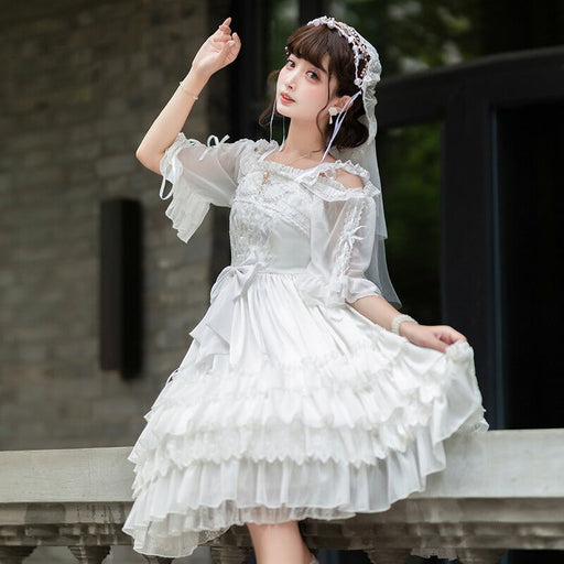 【7日内出荷】ロリータワンピース ウェディングドレス ジャンパースカート ブライダル ロリータ衣装 花嫁 純白ドレス lolita 吊りワンピ 女の子 春夏秋 甘ロリ jsk ゴシック レース コスチューム ゴスロリ イベント コスプレ 原宿 ガーリー 可愛い S/M/L/XL