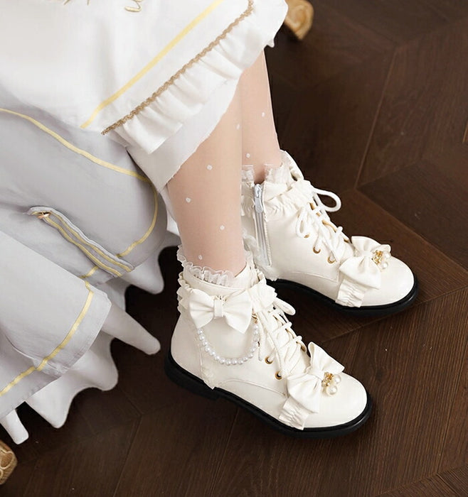【2cmヒール】ロリータ ブーツ レディース ショートブーツ 編み上げブーツ ローヒール 甘ロリ お姫様 森ガール ロリィタ靴 レース リボン パール 歩きやすい 疲れない サイドジップ おしゃれ かわいい お茶会 コスプレ 発表会 黒 ピンク 白 秋冬
