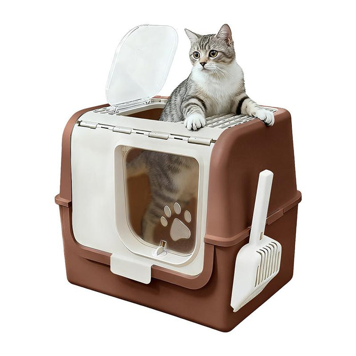 RAKU 猫トイレ ネコトイレ ダブル脱臭 砂の飛び散り防止 2WAY出入り方法 35*42*33.5cm 掃除しやすい スコップ付 大容量 優れた耐久性 猫用トイレ 上から猫トイレ