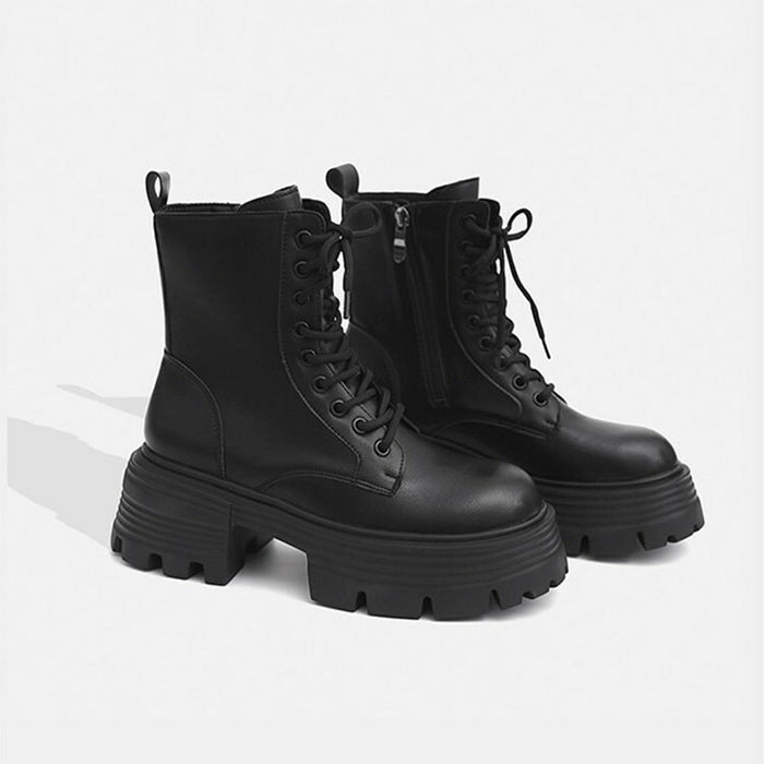 【7日内出荷】【6.5cmヒール】レディース ショートブーツ 厚底  太ヒール ブーツ くつ 靴 スエード PU レザーシューズ 安定感 美脚 黒 ブラウン 裏起毛 春 秋 冬 サイドゴム レースアップ おしゃれ 韓国 歩きやすい 疲れない 滑りにくい 大きいサイズ 22cm～25cm 中学生 高校生 通学 通勤