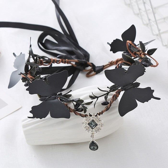 【7日内出荷】コスプレ ヘッドバンド ゴシック バタフライ ヴィンテージ風 レディース メンズ 男女通用 ヘッドアクセサリー 頭飾り ガーリー ダーク パーティー イベント ステージ 文化祭 学園祭 ハロウィン コスチューム ブラック 黒 mj004lc